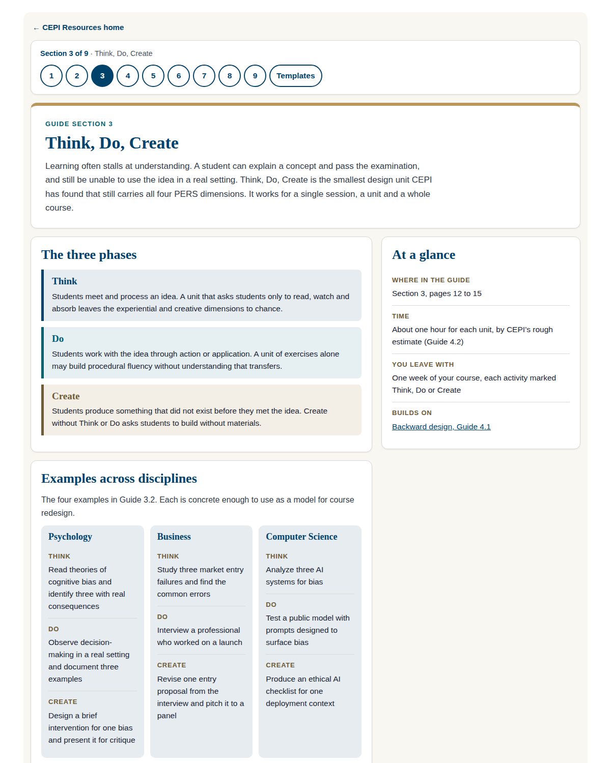 A section page for Think, Do, Create, with the three phases, a summary panel and examples across disciplines.