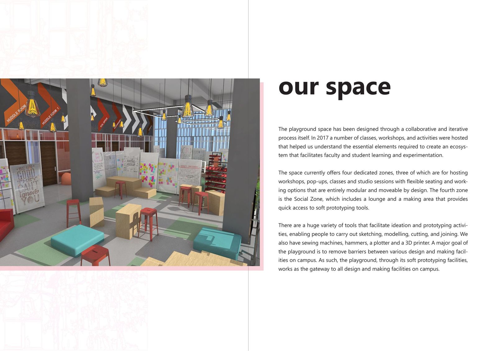 Our space. The room was designed so that its furniture and tools could be rearranged for each workshop.