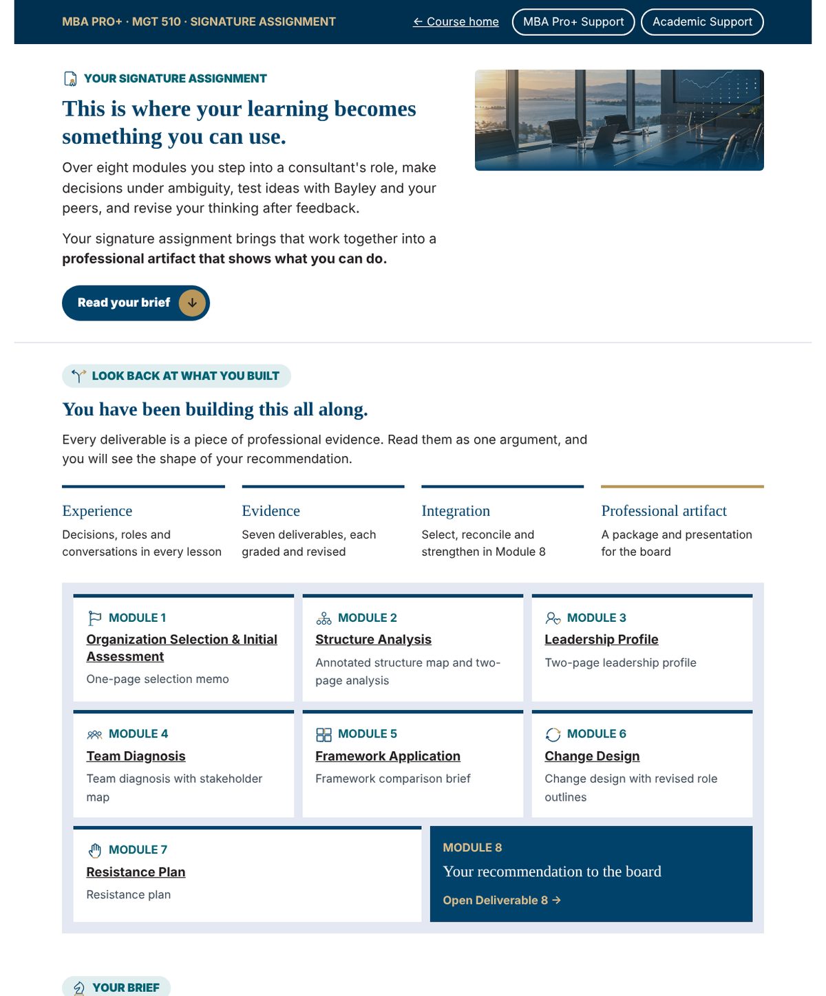 The signature assignment overview, where eight deliverables come together into one recommendation.